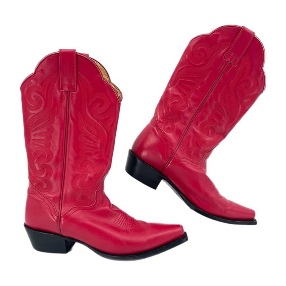 J.B. Dillon Red Leather Heeled BootsCuban Heel & Embroidered Accents